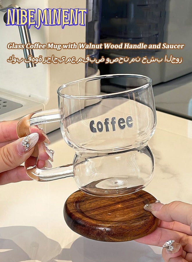 NIBEMINENT كوب قهوة زجاجي 1 قطعة مع مقبض خشب الجوز saucer، كوب قهوة شفاف عتيق وكوب ماء، كوب أنيق للمكتب، مثالي لشرب الماء، القهوة، العصير، أو المشروبات الباردة في المنزل، 260 مل - Image 1